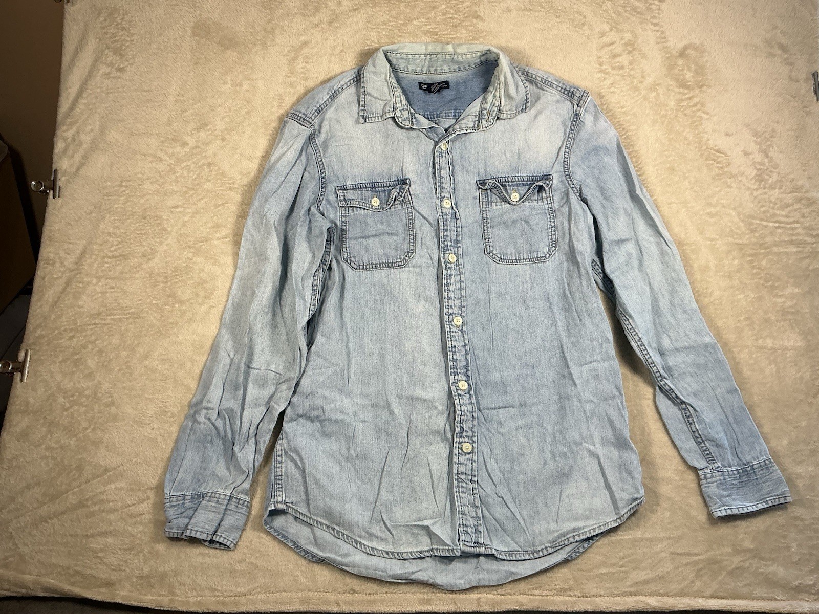 Mens Gap Light Blue Stone Wash Denim Shirt Medium vintage Pockets
