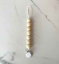 Handmade Wooden Bead Pacifier Clip, White Clip, Beige/White/Silver