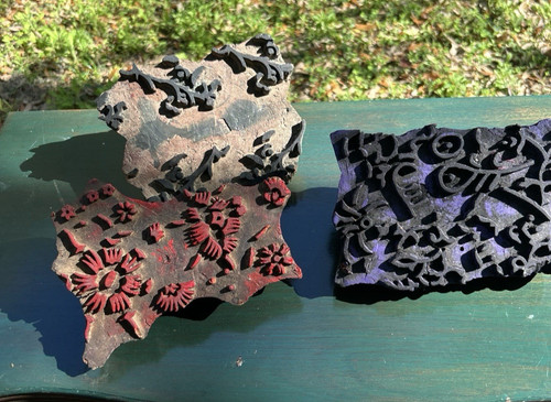 Vtg Wooden Block Stamp Textile Fabric Printing Carved Wood With Handles Lot of 3
