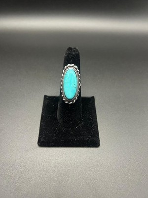925 Sterling Silver Turquoise Oval Ring Boho Western Style Size 7