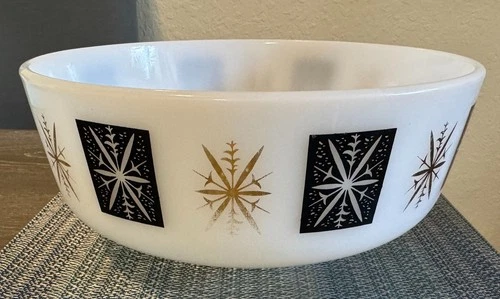 VTG MCM Federal Glass Atomic Starburst 3 1/2 QT Bowl Black & Gold 1950s 60s