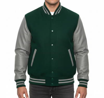 Varsity Letterman Forest Green Wool & Grey Cowhide Leather Sleeves Bomber Jacket