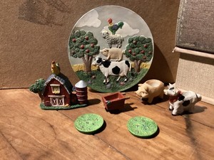 3D farm scene miniature tea set cows chicken pig