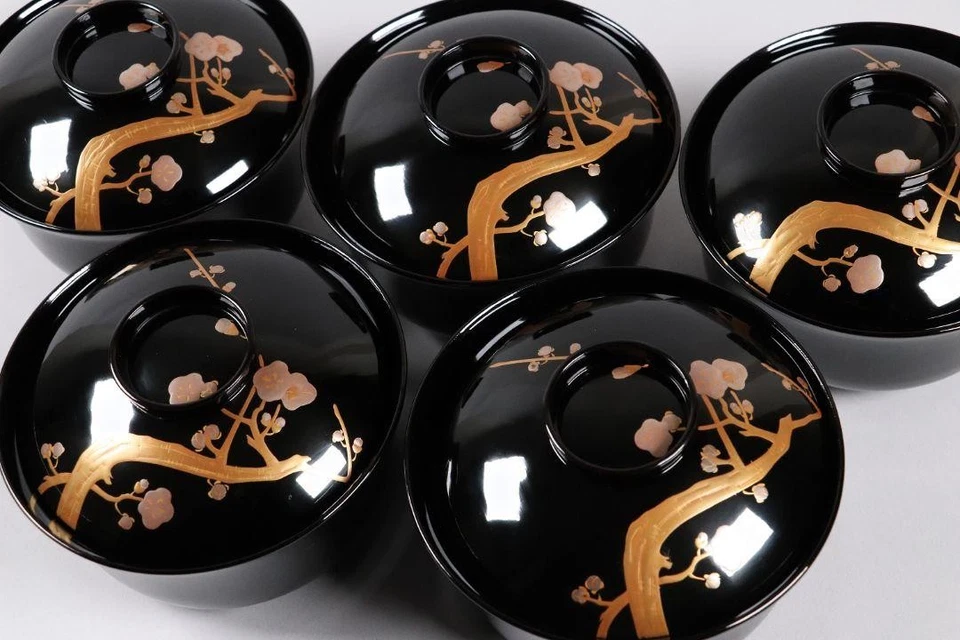 Juego de 5 cuencos de laca japonesa Ume Maki e tapa Kaiseki ceremonia del té negro Foto 3 de 4