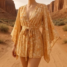 The Clothing Company boho floral kimono sleeve wrap blouse small earthy goddess