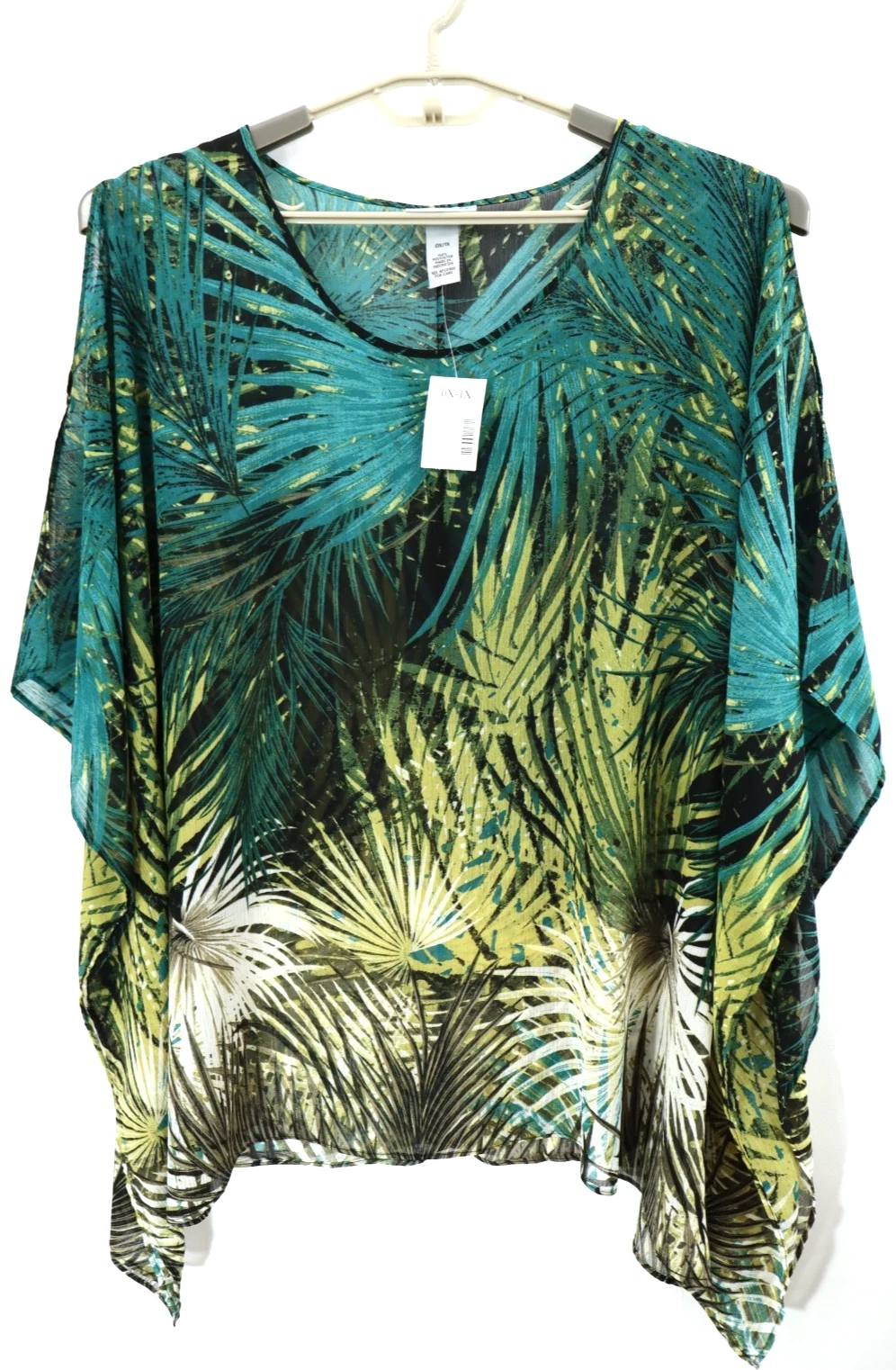 NWT CATHERINES Women's Sheer Polyester Poncho 3/4 Sleeve Leafy Multicolor 0X 1X