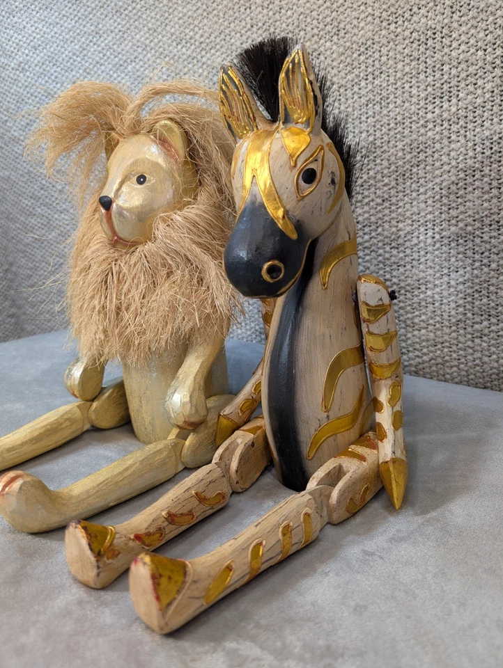 Pier 1 Wood Folk Art Jointed Lion/Zebra Shelf Sitter Hand Carved Nursery Rustic - Image 2 of 4