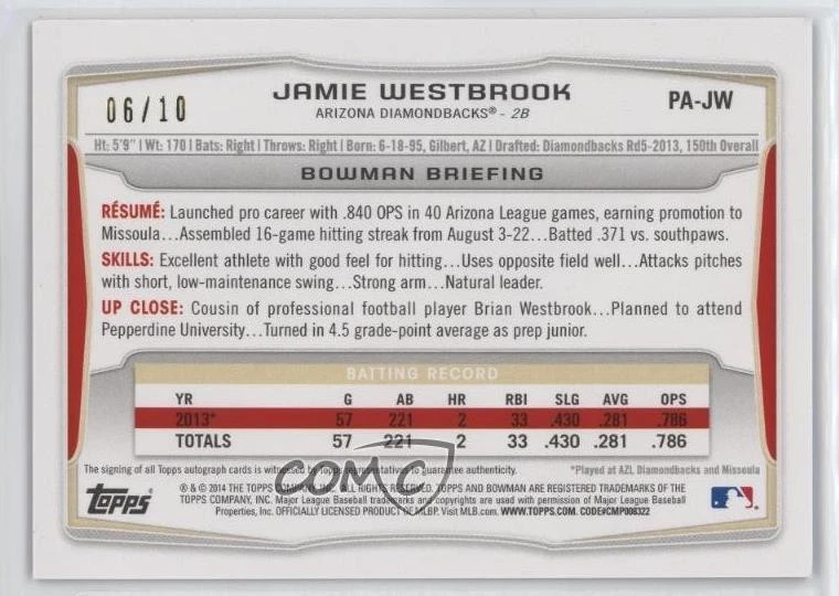 2014 Bowman Retail Prospect Auto Purple /10 Jamie Westbrook #PA-JW Auto - Image 2 of 2