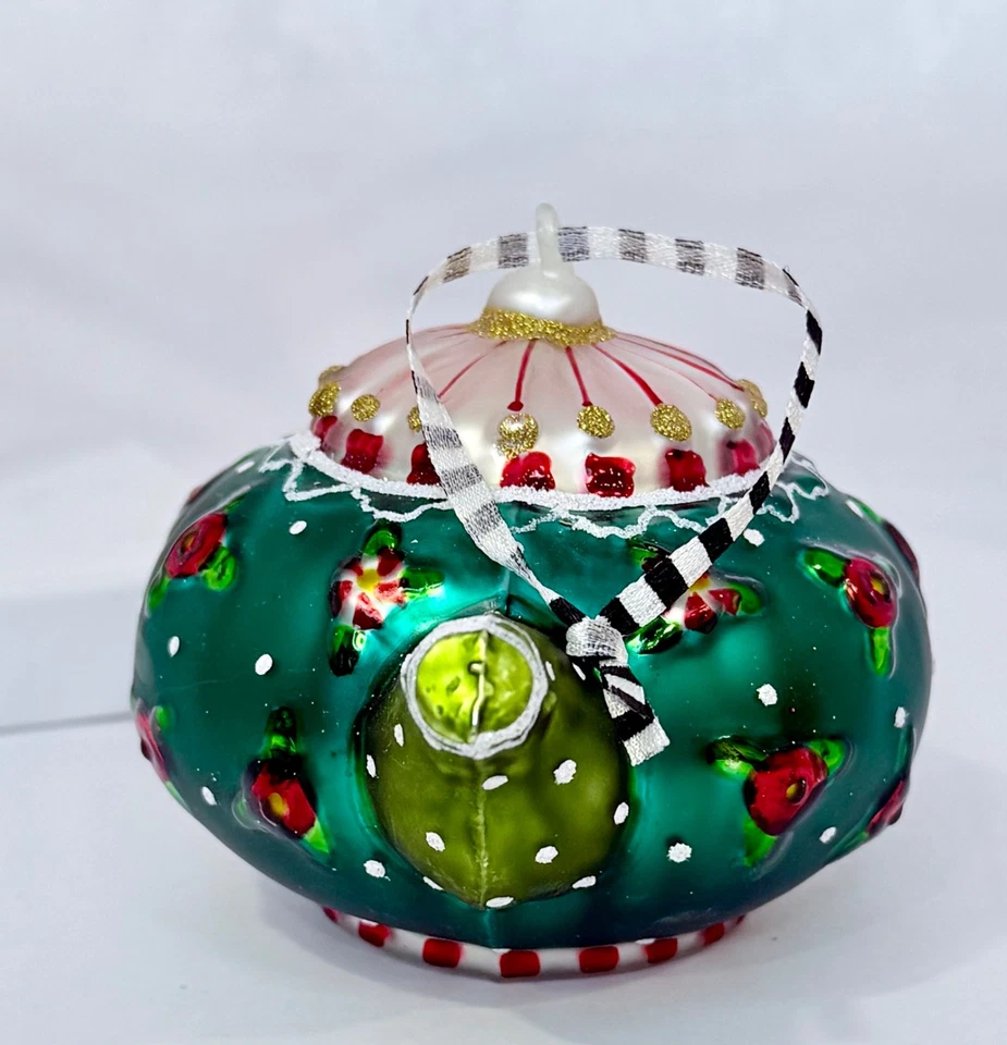 Mary Engelbreit ME Tetera Vidrio Tinta Adorno Pintado a Mano Floral Borde Dorado Foto 4 de 4