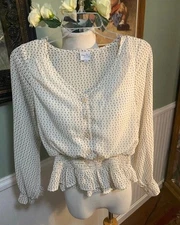Cozy Co Shirt Chiffon Ivory Elastic Waist Size  Small Long Sleeves V Neck Blouse