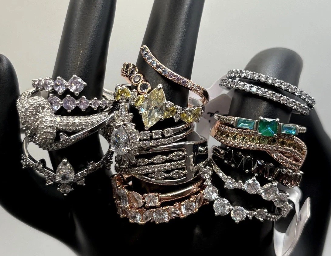 Lot Of Bomb Party Rings Cocktail Statement Crystal Silver / Rose / Gold Tone - product detail image 1