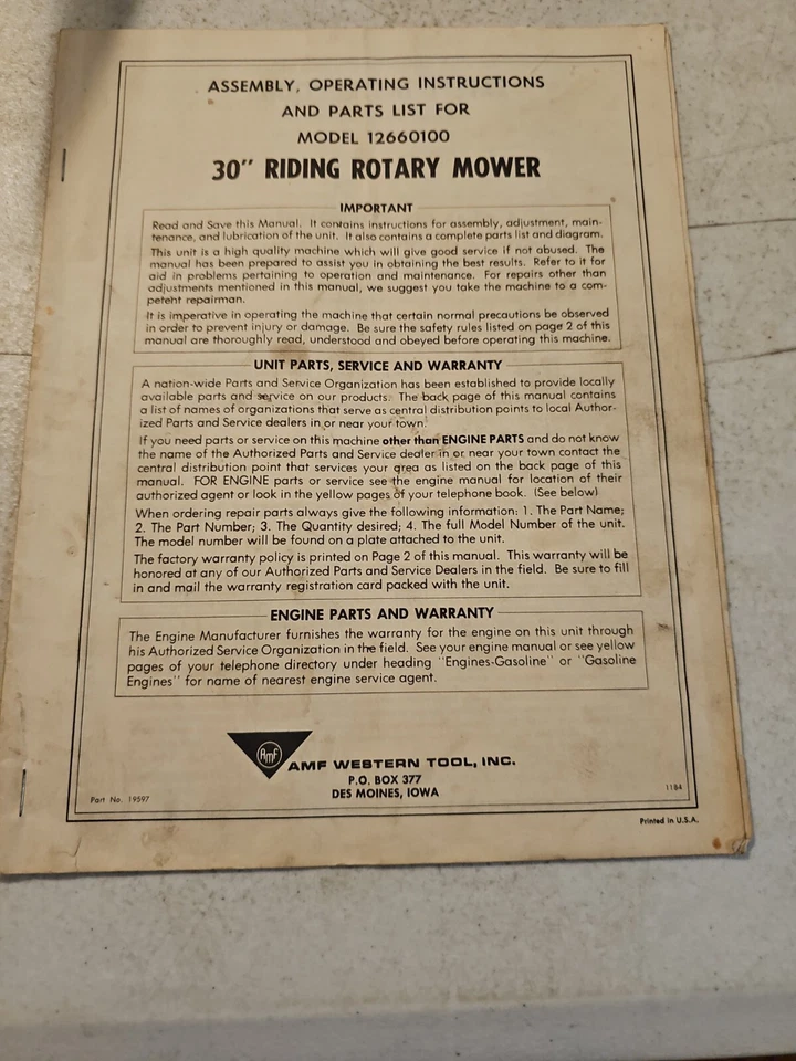 AMF 30" RIDING ROTARY MOWER ASSEMBLY OPERATING PARTS LIST MODEL 12660100 - Image 3 of 4