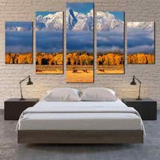 Grand Teton Snow Wyoming Mountains With Autumn Landscape 5 Piece Canvas Wall Art