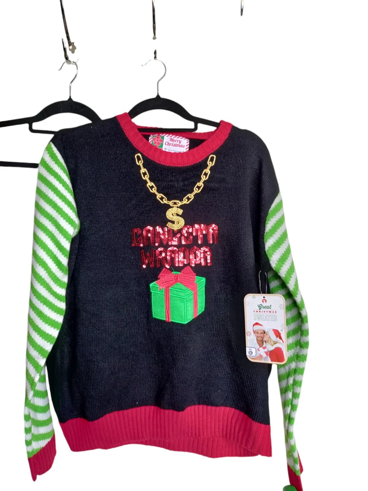 Ugly Christmas Sweater XL Gangsta Wrapper Sequin Knit NWT