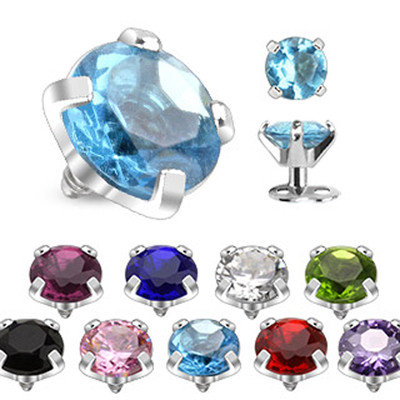 Roun Prong Set CZ Gem Surgical Steel Internally Threaded Micro Dermal Anchor Top