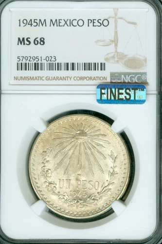 1945 MEXICO SILVER ONE PESO NGC MS68 PQ MAC FINEST GRADE & SPOTLESS VERY RARE .