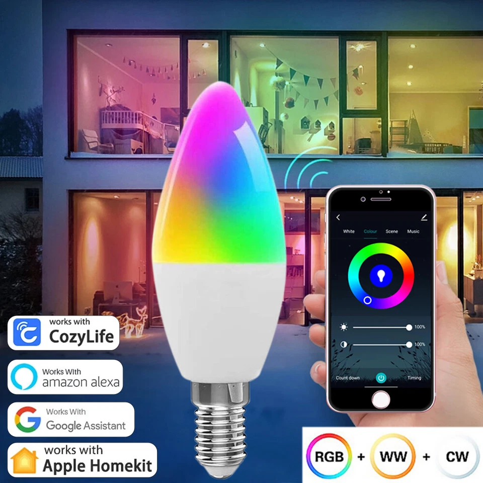 Smart Homekit LED Bulb E14 Candle 5W=75W WiFi RGBCW 2700K-6500K for Alexa Google - Image 2 of 4