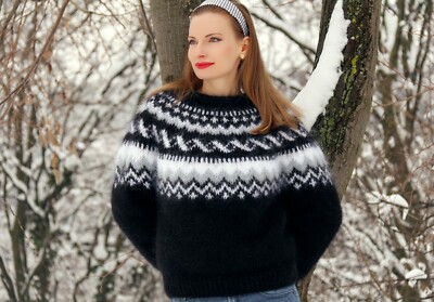 Icelandic mohair sweater Nordic fuzzy jumper hand knit thick