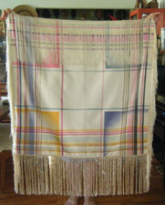 Vtg piano shawl style taffeta cream color with color stripes long fringes 60"