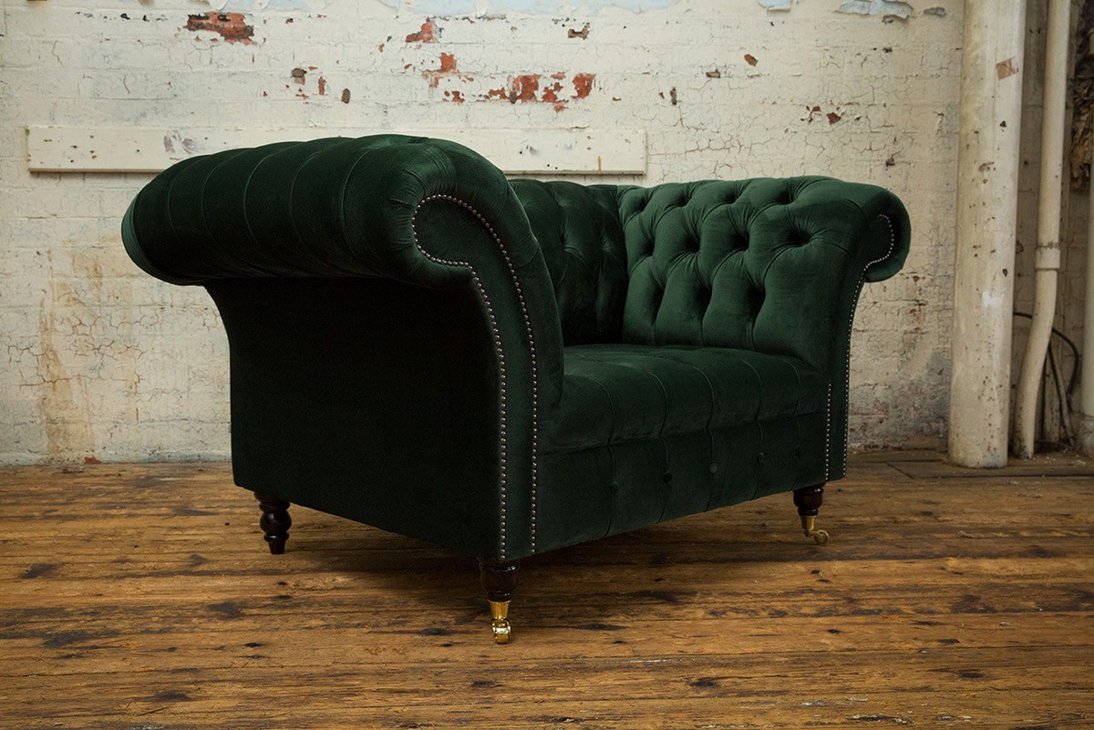 HANDMADE DARK EMERALD GREEN PLUSH VELVET CHESTERFIELD SNUGGLE ARMCHAIR,