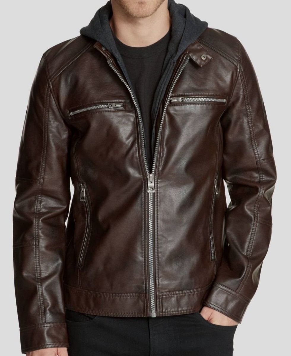 $226 Guess Men's Brown Faux-Leather Full-Zip Motorcycle Coat