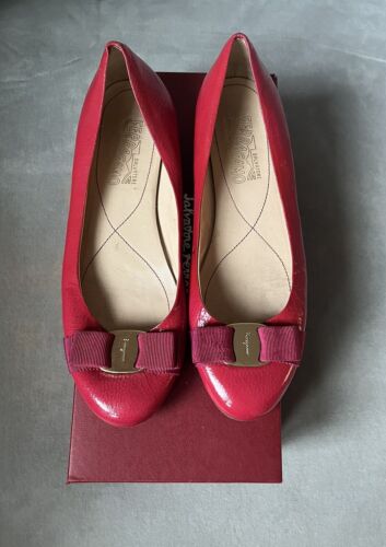 Salvatore Ferragamo Hot Pink Varina Patent Leather Bow Flats Shoes 8.5 B