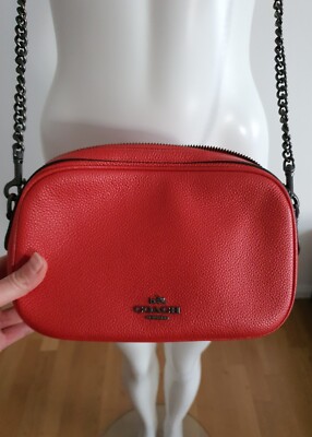 Coach Umhängetasche Kameratasche Leder Rot Kette All Black Logo Crossbody Clutch