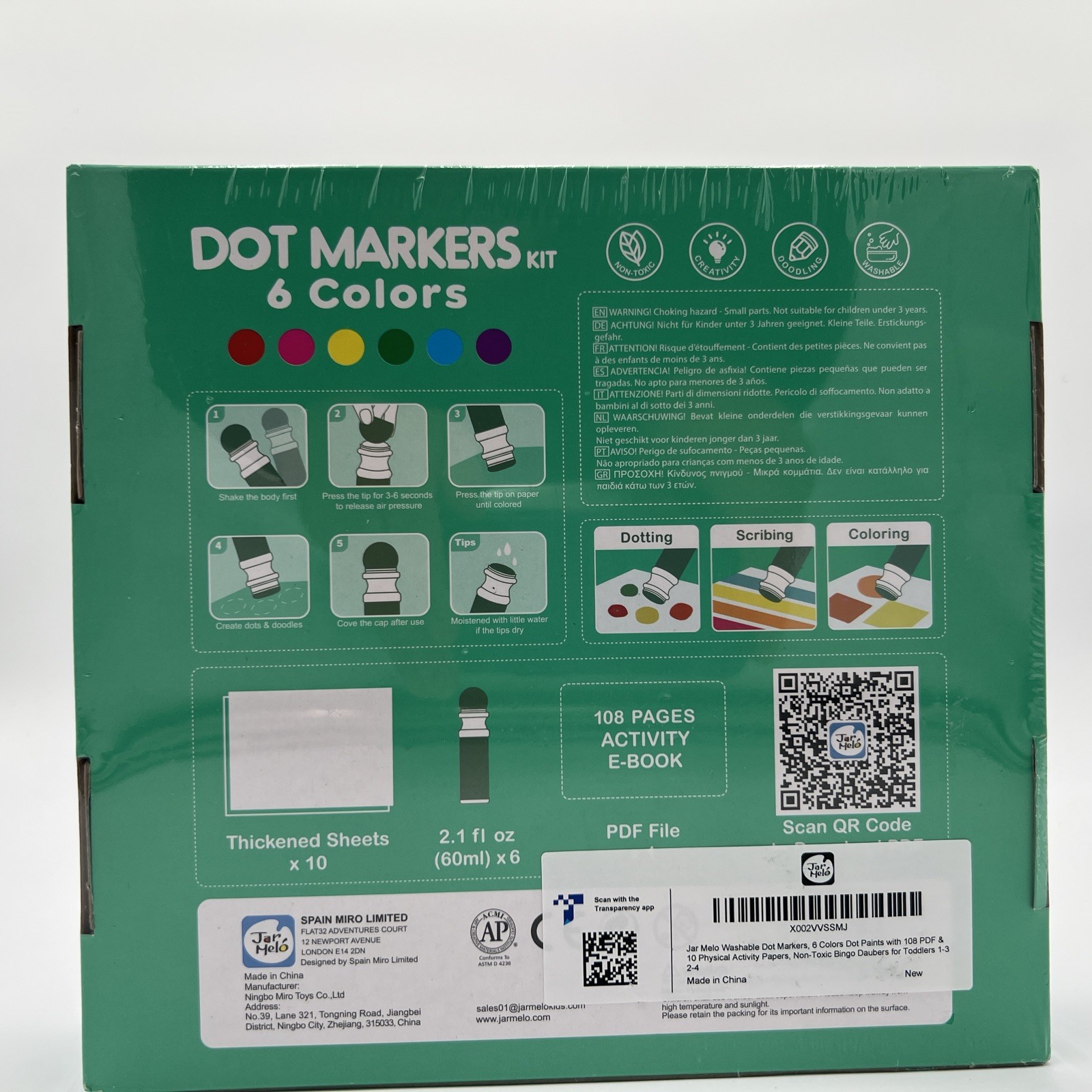 Jar Melo Washable Dot Markers, 6 Colors Paints with 108 PDF & Multicolor 