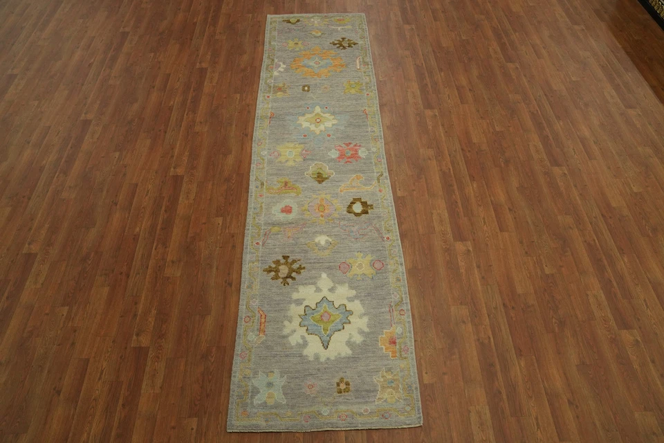Transitional Oushak Turkish Runner Rug 3x10 Handmade Vegetable Dye Gray Carpet - Image 2 of 4
