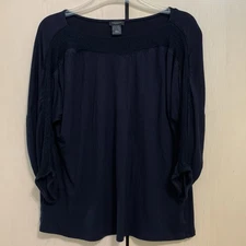 Ann Taylor Top Women's 3/4 Sleeve Boat Neck Crochet Knit Blouse Navy Size L