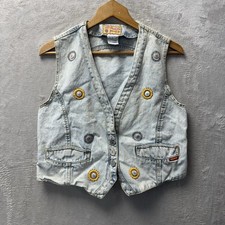 VTG Jordache 3 Button Up Denim Vest Flowers Silver Hippy Womens Medium Western