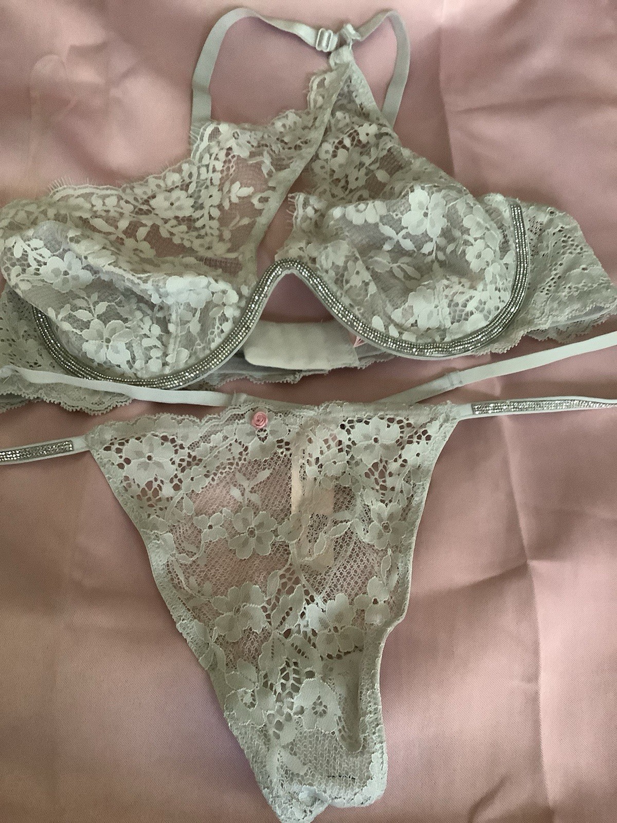 Victoria's Secret Light Green Floral Lace Balconette Bra Set