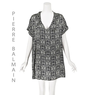 PIERRE BALMAIN Black & White Paisley Silk Oversized Tunic XL OSFM