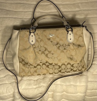 Coach Christie Carryall Satchel White Leather Beige Signature Canvas Bag