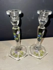 FENTON CLEAR GLASS HAND PAINTED FLORAL CANDLESTICK HOLDERS SIGNED K LAUDERMAN