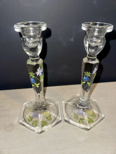 FENTON CLEAR GLASS HAND PAINTED FLORAL CANDLESTICK HOLDERS SIGNED K LAUDERMAN