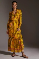 NWT Anthropologie x FARM Rio Printed Maxi in Yellow Floral Chiffon Dress S $230