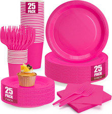 Hot Pink Plates and Napkins Party Supplies, Include 9   Disposable Hot Pink Paper