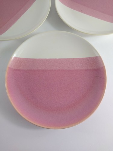Pier 1 Pink White Salad Dessert Plates Set Of 3 Stripes Dip Paint Stoneware 8" - Picture 3 of 5