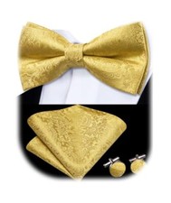 Mens Silk Bow Tie and Pocket Square Set for Wedding Tuxedo   A Gold