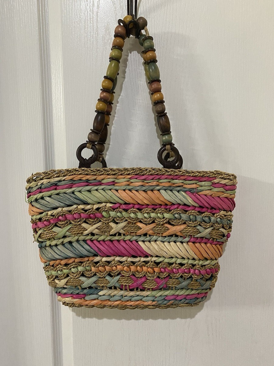 Cappelli Straworld Multicolor Woven Straw Fabric Purse With Beaded