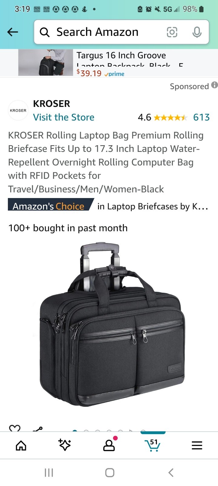 KROSER Rolling Laptop Bag Premium Wheeled Briefcase Up to 17.3 Inch