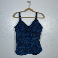 Lands End Women Plus Size 16D Blue Black Floral Underwire Pads Tankini Swim Top