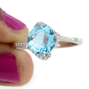 18K Gold Over Blue Opal & CZ Solitaire With Accent Ring 9 $193.16