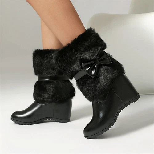 Women's Hide Wedge Heel Plush Lining with Faux Fur Trim Bowknot Decor Snow Boots - Picture 11 of 16