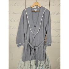 Lanz of Salzburg Gingham Lace Trim Robe Navy Blue White L/XL Housecoat
