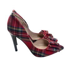 Betsey Johnson Plaid Bow Pumps Womens Red Tartan D'Orsay Stiletto Heels Sz 7 M
