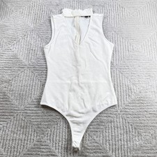 Lulus Bodysuit Womens Medium White Mock Neck V-Neck Cutout Sleeveless T1729 Chic