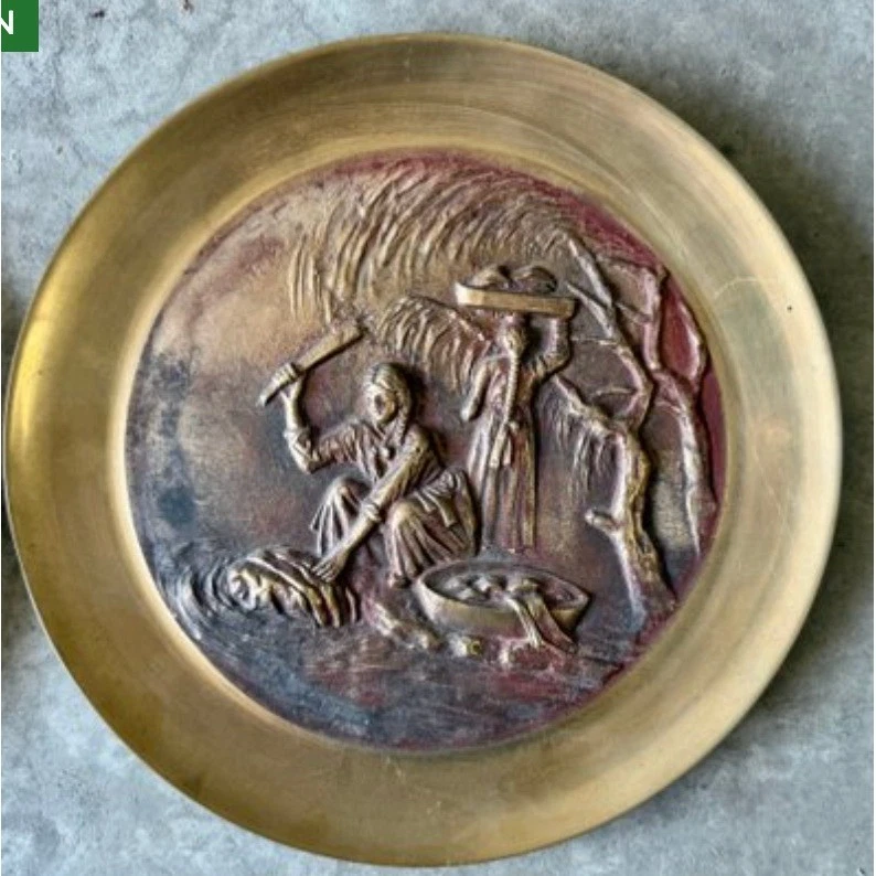 Vintage Korean Cast Brass Relief Plate Wall Hanging Farm Scene - Image 2 of 4