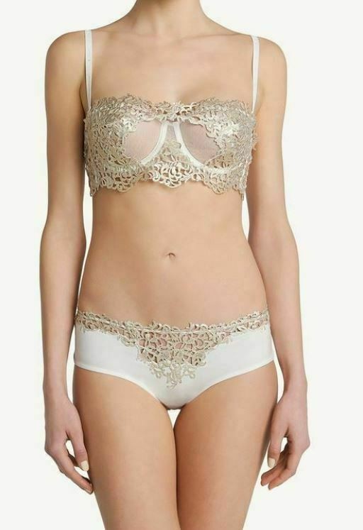 La Perla Metal Macrame Underwire Bra Shorty Panty 36B M Off White Gold $1084